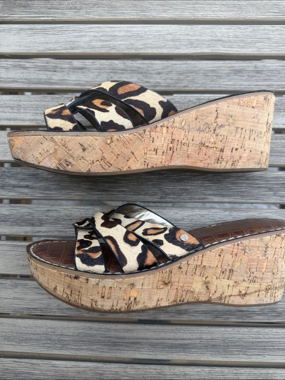 Sam Edelman Raynere Leopard Calf Hair Cork Wedge Sandals Size 7